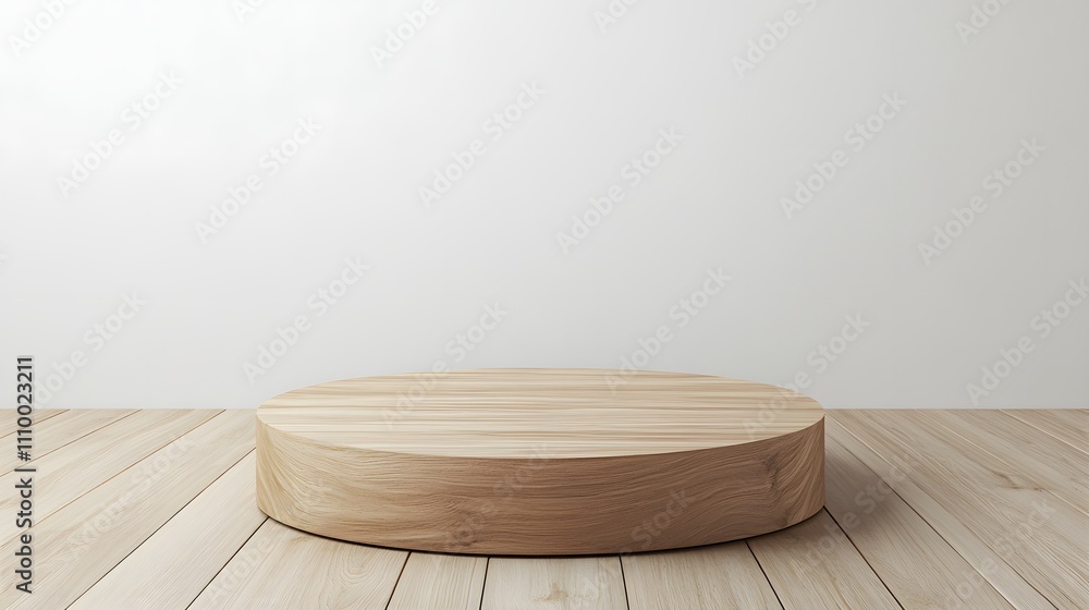 Poster minimalistic wooden podium on a light wood floor with a clean white background and a large empty spa