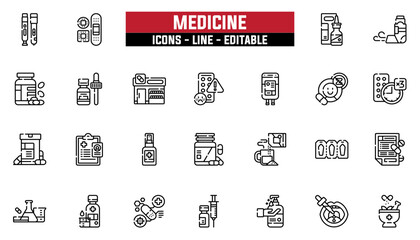 Set of 25 line icons medicine. Editable stroke. Vector illustration