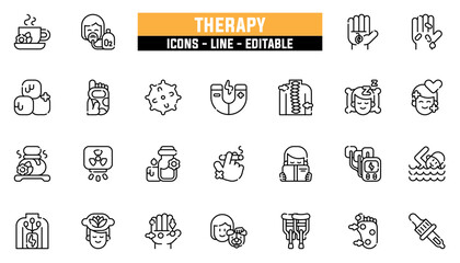 Set of 25 line icons therapy. Editable stroke. Vector illustration