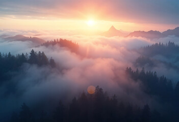 Obraz premium Fog and mountains in the morning high angle form drone