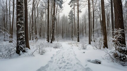 Naklejka premium Winter Forest with Animal Tracks: Tranquil Snowy Wilderness