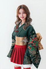 young Asian woman in a Christmas-themed kimono, isolated on a solid white background. The kimono is a luxurious deep forest green with intricate gold holly and mistletoe patterns. 