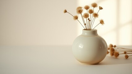 A simple white vase filled with dried wildflowers sits on a plain white surface, bathed in soft natural light.