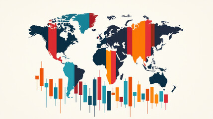 Global trading world map with stock prices in vibrant colors