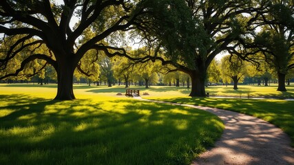 A winding path leads through a grassy park, shaded by majestic trees with dappled sunlight filtering through the leaves, towards a small wooden bridge over a tranquil stream.