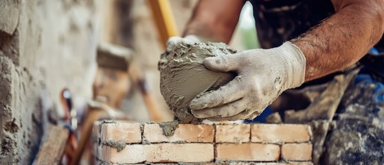 A close-up of a mason applying mortar to bricks, with a partially built wall and tools in the background, looking at the camera