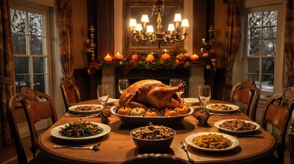Family Thanksgiving Dinner Table with Festive Autumn Decor