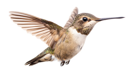 Fototapeta premium A close-up of a hummingbird in mid-flight, showcasing its iridescent feathers and rapid wing movement.