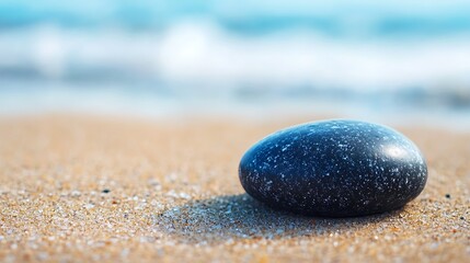 Dark Stone Rests On Sandy Beach Near Ocean Waves
