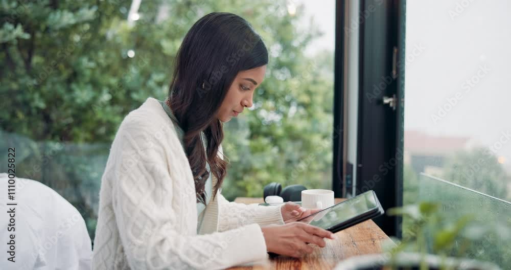Aufkleber Woman, home office and tablet with typing, serious and concentration for research or conversation. Female person, texting and scroll on tech as communication, email and internet for social networking