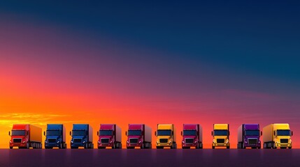 Sunrise Fleet: Strong Semi Trucks in Vast Desert Landscape, Symbolizing Resilience and Capabilities of Remote Transportation