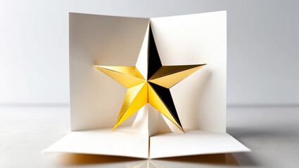 3D pop up card with a centered, radiant 2D gold star symbolizing excellence and accomplishment, set against a crisp, clear white background