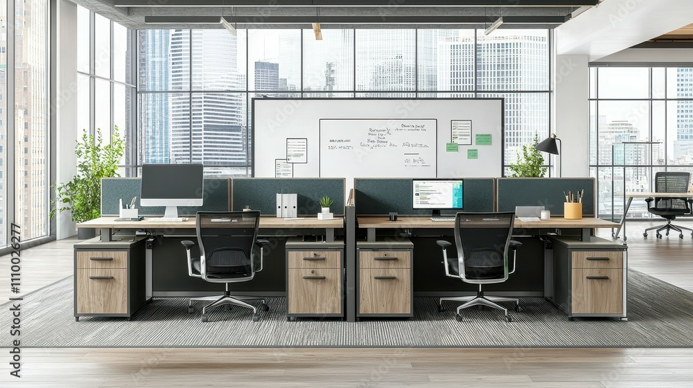 Poster wide angle view of modern collaborative office spaces for enhanced productivity