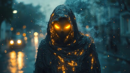 Mesmerizing tattered black costume illuminates Halloween night with eerie glowing eyes