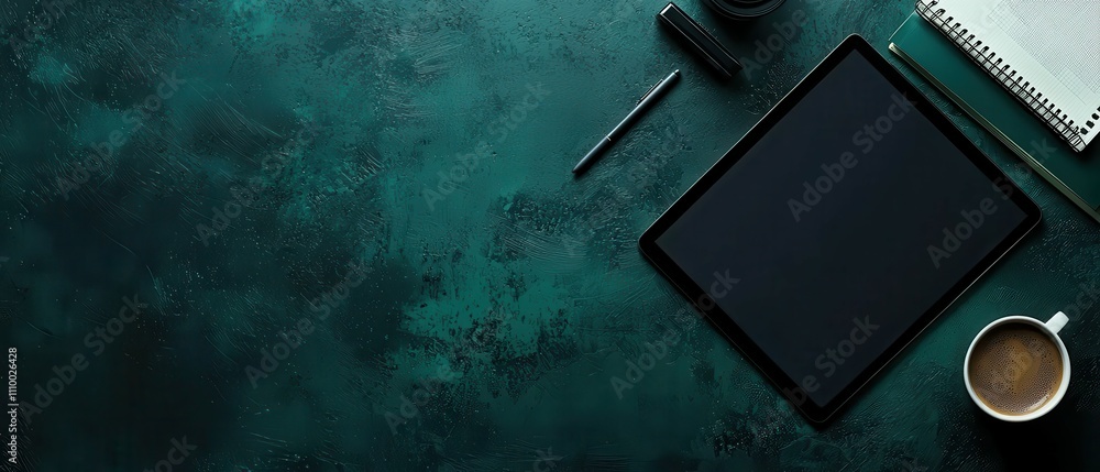Poster overhead view of digital tablet with stylus coffee and notebook on desk cozy workspace environment