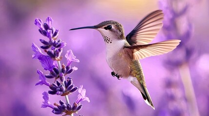 Fototapeta premium Hummingbird hovering near lavender flowers in a garden.