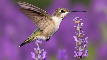 Fototapeta premium Hummingbird hovering near lavender flowers, wings spread.