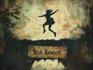 Businessman Leaps Over Cliffs Labeled  Risk  and  Reward  Symbolizing Overcoming Business Obstacles