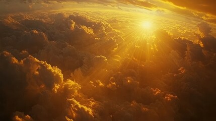 Fototapeta premium Radiant sunset light rays through clouds nature's splendor aerial view inspiring atmosphere