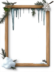 A winter-themed white poster with a frosted light wooden frame. Icicles hang from the top edge, and crystalline snowflakes are scattered across the sides. Small snow piles sit in the corners, 