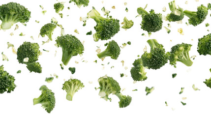 A collection of fresh broccoli florets scattered against a transparent background, showcasing their vibrant green color and texture.