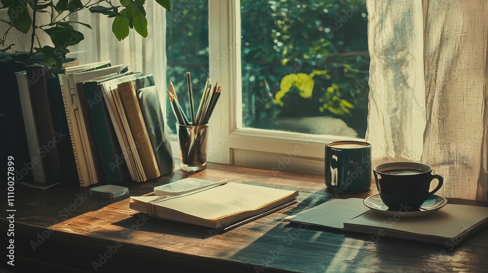 Poster organized desk setup with notebooks and coffee in a bright workspace for productivity