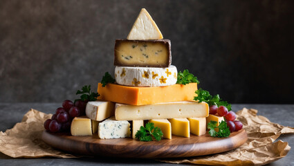 Cheese Mountain: A towering stack of assorted cheeses (cheddar, brie, gouda) forming as a mountain 