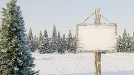 Naklejka premium Rustic Holiday Sign on Snowy Fence Post in Evergreen Forest - Festive Winter Scene