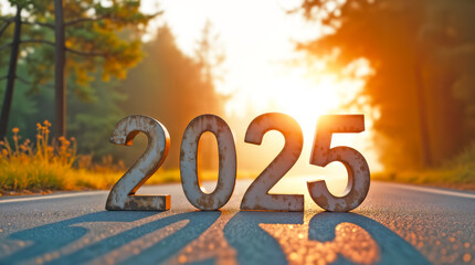 weathered numbers 2025 on a road at sunset