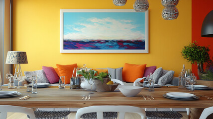 The modern dining room with various furniture, office space with frame and colorful furniture, vintage interior design living room with an empty mockup with a colorful painted frame on the wall.