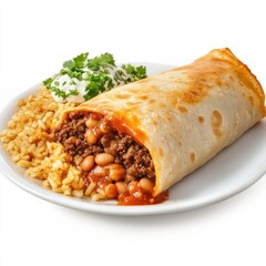 A Tex-Mex beef chimichanga with rice and beans, isolated white background, hyperrealism art style