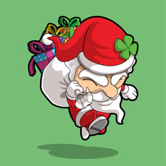 Santa Claus running to deliver Christmas presents, on green background.