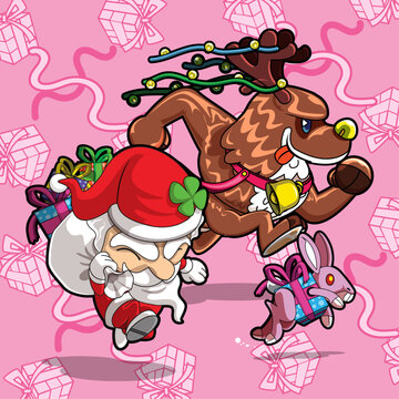 Santa Claus group running to deliver presents, including Santa Claus, deer and rabbits, on a background of pink gift boxes. Christmas.