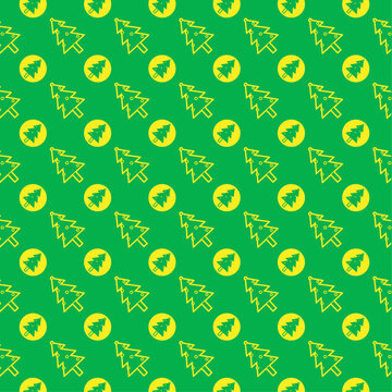 seamless pattern, Yellow Christmas tree pattern on green background