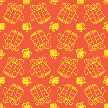 seamless pattern, Yellow christmas gift box pattern on red background