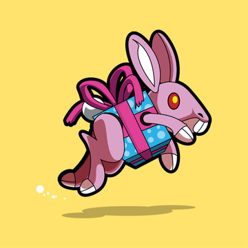 Rabbit running to deliver Christmas presents, on yellow background.