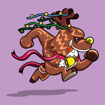 Deer delivering Christmas presents on purple background