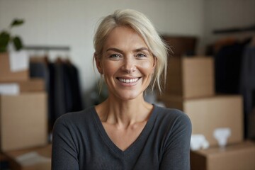Joyful Mid-Aged Woman Smiling on Relocation Day – Happy Tenant or Buyer in Her New Apartment or Office