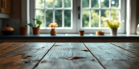 Rustic wooden table with a window view, perfect for displaying products, recipes, or showcasing a farmhouse aesthetic.