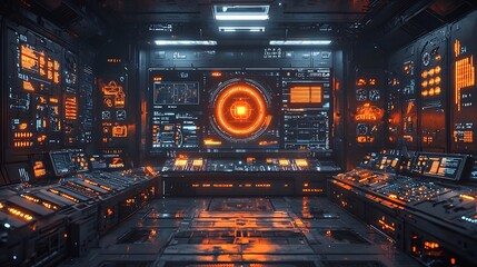 Fototapeta premium Futuristic Factory Floor with Robots Digital Screens and Real Time Analytics Showcasing Automation and Efficiency in Modern Industry