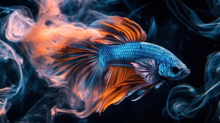 Obraz premium High resolution 16K image of betta fish with beautiful colors wagging tail with smoke effect on black background
