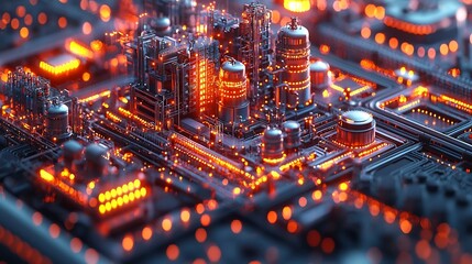 Futuristic Digital Factory Landscape with Autonomous Machines and Data Analytics