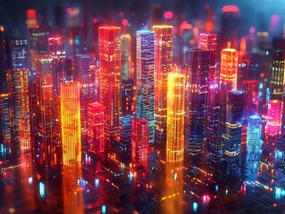 Futuristic Cityscape Built on Glowing Business Metrics and Growth Analytics