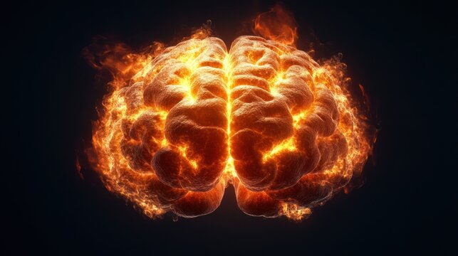 Exploding Brain Disease Concept: Front View of Brain on Fire, resembling Parkinson's, Alzheimer's, Dementia or Multiple Sclerosis