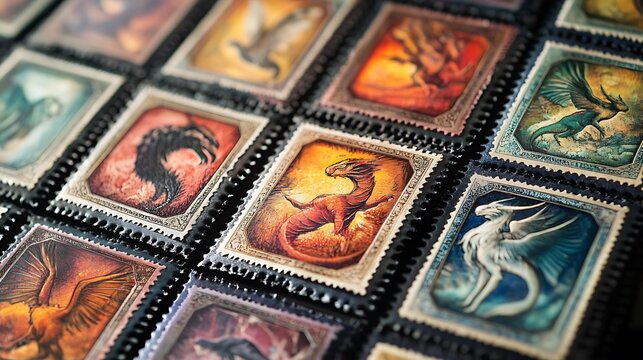 Close-up of colorful fantasy creature postage stamps.