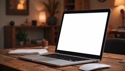 Blank mockup laptop on a wooden desk with copy space, ideal for presentations or design projects
