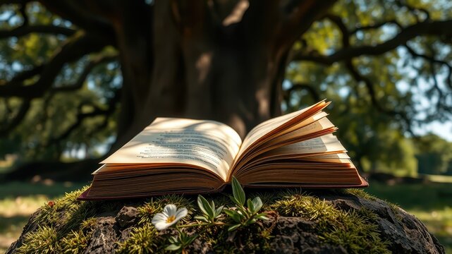 A weathered book rests open on a moss-covered tree stump, bathed in the warm glow of sunlight filtering through the leafy canopy.