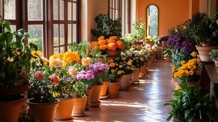 Obraz premium Sunlit Corridor with Vibrant Potted Flowers and Lush Greenery in Terracotta Pots