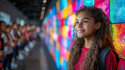 Obraz premium Group of Students Collaborating on a Digital Mural to Symbolize Creativity in Education