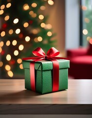 シンプルなクリスマスギフトボックスがテーブルに置かれ、赤と緑のリボンが際立つ華やかで温かみのあるクリスマスシーン

